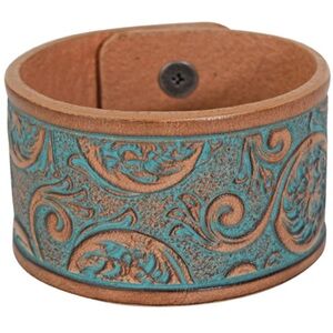 Justin Genuine Leather cuff bracelet,floral tooled,turquoise accent,Western